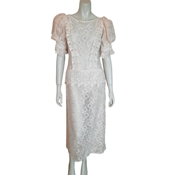 Vintage Early 90s Sheer Lace Dress size Small Puff Sleeve Drop Waist Unlined - Picture 1 of 9